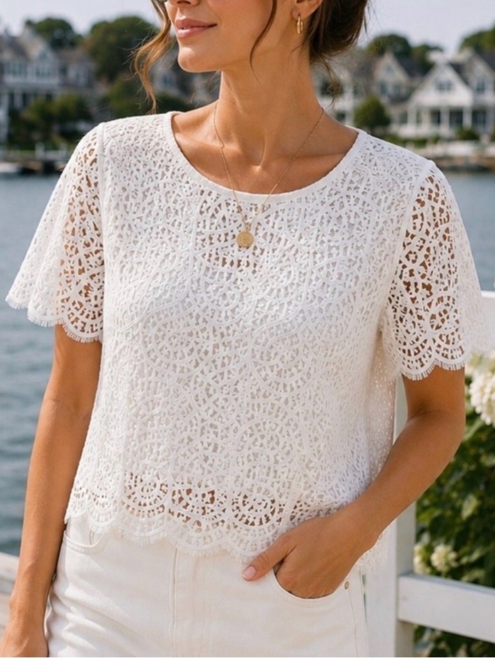 Philosophy- Lace Overlay W/Sleeveless Underlay White Blouse Size Large